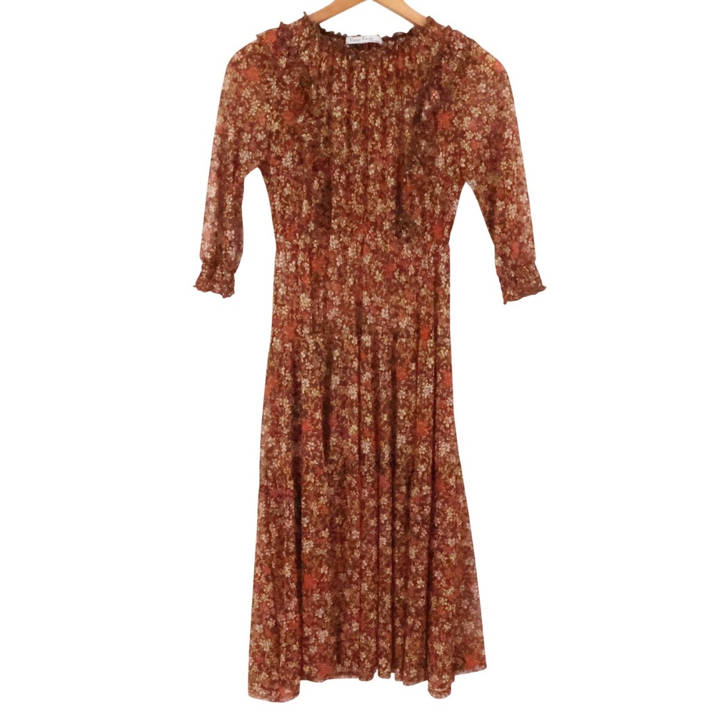 Velvet Torch Floral Mesh Midi Dress Size XS Brown Boho Cottage Tiered‎ Sheer